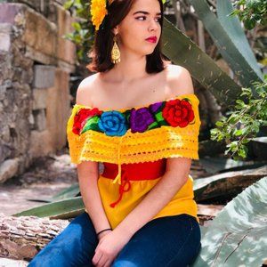 Campesina Blouse With Embroidered Flowers (Small) -  Yellow